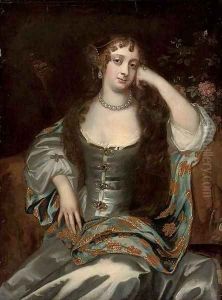 Portrait of a lady, three-quarter-length, seated in an oyster satin dress by Sir Peter Lely