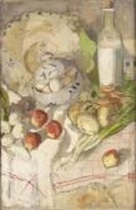 Still-life With Fruit, Vegetable, Bowl Of Eggs And Bottle Of Milk by Alexandra Alexandrov Exter