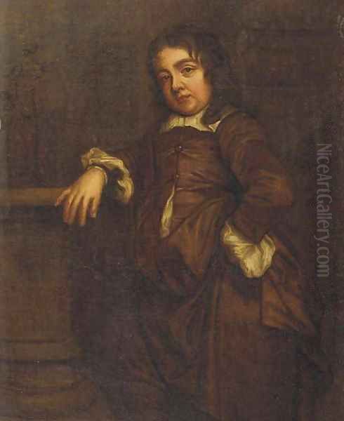 Portrait of a boy, small standing full-length, in a brown silk costume, his right arm resting on a baluster by a column, a garden beyond - view 1