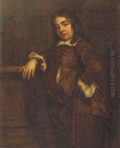Portrait of a boy, small standing full-length, in a brown silk costume, his right arm resting on a baluster by a column, a garden beyond