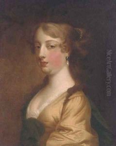Portrait of a lady, bust-length, in a yellow dress and blue wrap by Sir Peter Lely
