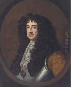 Portrait of King Charles II, bust-length, in a breast plate and lace cravat, feigned oval