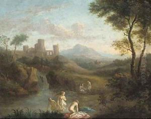 An Italianate landscape with nymphs bathing at a pool by Dirck van der B Lisse