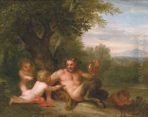 A wooded landscape with a satyr and two putti - view 1