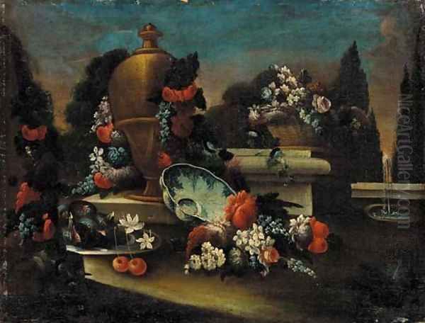 An urn with a garland of flowers, figs, cherries and flowers, in a landscaped park - view 1
