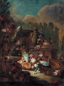 Flowers and fruit by an urn with a fountain and a peacock in a landscaped park