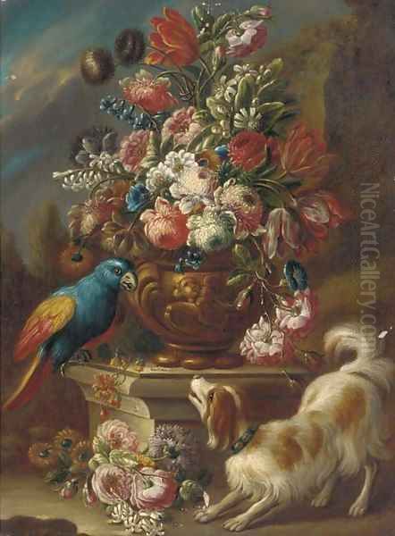 Mixed flowers in an urn on a pedestal with a parrot and a spaniel with other flowers on the ground, a landscape beyond - view 1
