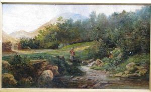 19th Century Oil On Canvas 
Depicting Lady Carrying Bucket In Stream With Wooded Hills Behind