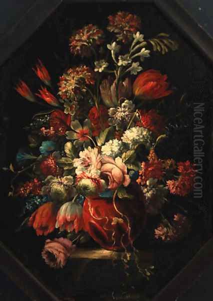 Flowers in a vase on a ledge - view 1