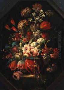 Flowers in a vase on a ledge by Gasparo Lopez