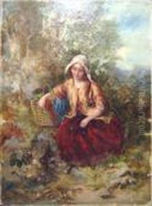 'seatedgirl With Basket', Oil On Canvas, 45cm X 35cm, Signed