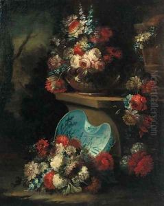 Roses, carnations and narcissi in a glass bowl on a stone ledge by Gasparo Lopez