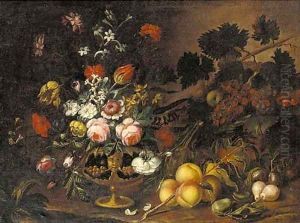 Roses, carnations, tulips, narcissi and other flowers in an urn by Gasparo Lopez