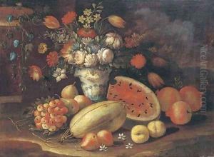 Roses, tulips, morning glory and other flowers in a vase with melons by Gasparo Lopez