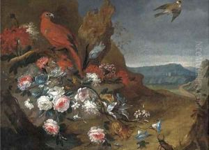 Roses, carnations, tulips, bluebells and other flowers in a rocky landscape by Gasparo Lopez