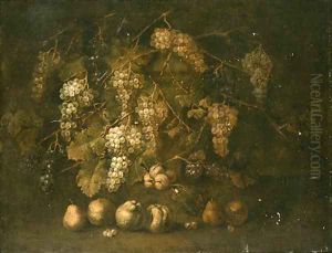 A Grapevine by a stone Plinth with Pears and Peaches on the Ground by Gilardo Da Lodi