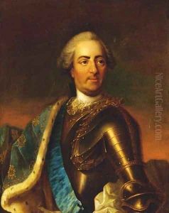 Portrait of King Louis XV, half-length, in armour with the sash of the Order of the Saint Esprit and an ermine trimmed cloak by Carle van Loo