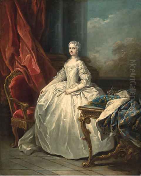 Portrait of Marie Leczinska, Queen of France (1703-1768), full-length, in a white dress, beside a table with a crown on a cushion - view 1