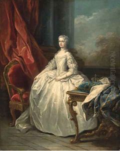 Portrait of Marie Leczinska, Queen of France (1703-1768), full-length, in a white dress, beside a table with a crown on a cushion by Carle van Loo