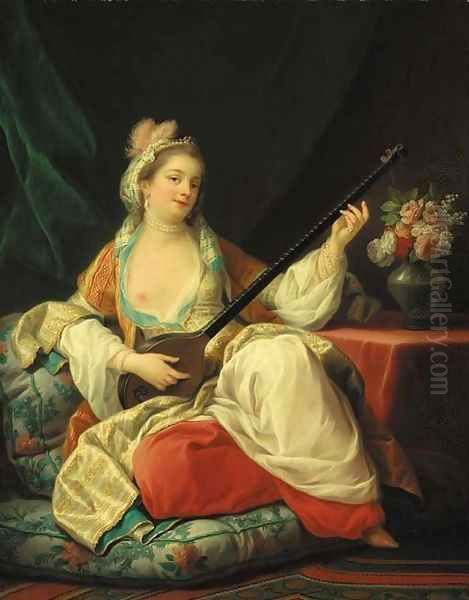 A sultana, reclining on a cushion, playing a lute - view 1
