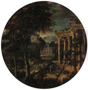 Figures before classical ruins in an extensive landscape by Hendrik Frans van Lint (Studio Lo)