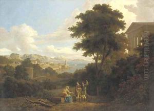 A classical landscape with figures conversing on a hilltop near a temple, a coastal town beyond by Hendrik Frans van Lint (Studio Lo)