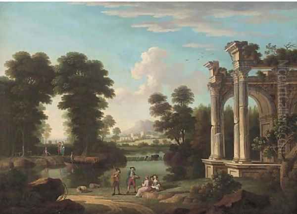 A classical wooded river landscape with elegant company discoursing by ruins - view 1