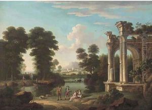 A classical wooded river landscape with elegant company discoursing by ruins by Hendrik Frans van Lint (Studio Lo)