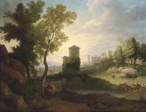 A classical landscape with a drover and cattle at a lake, a walled town beyond