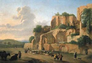 The Palatine Hill seen from the Circus Maximus with drovers, livestock and other figures by Hendrik Frans van Lint (Studio Lo)