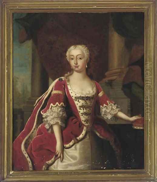 Portrait of Augusta, Princess of Wales (1719-1772), three-quarter-length, in an ermine-trimmed dress, her left hand resting on her crown - view 1