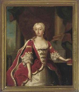 Portrait of Augusta, Princess of Wales (1719-1772), three-quarter-length, in an ermine-trimmed dress, her left hand resting on her crown by Jean Baptiste van Loo