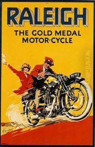 Poster advertising Raleigh the Gold Medal Motor Cycle by S.W. Le Feaux