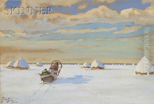 Snowy Hayfield With Horse-drawn Sleigh