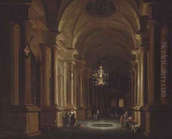 A darkened church interior with children playing and elegant figures conversing - view 1