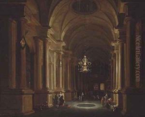 A darkened church interior with children playing and elegant figures conversing by Anthonie De Lorme