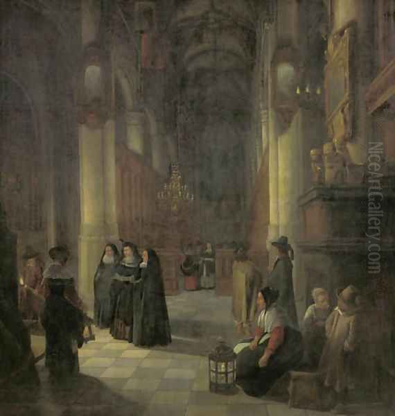 Elegant women and other townsfolk in the aisle of a Gothic church at night - view 1