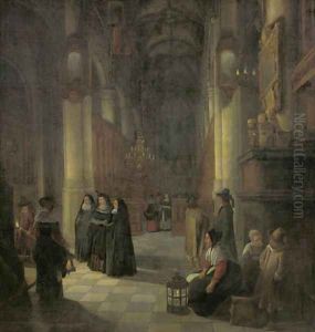 Elegant women and other townsfolk in the aisle of a Gothic church at night