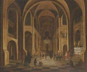 The interior of a church at night, with elegant figures in the foreground