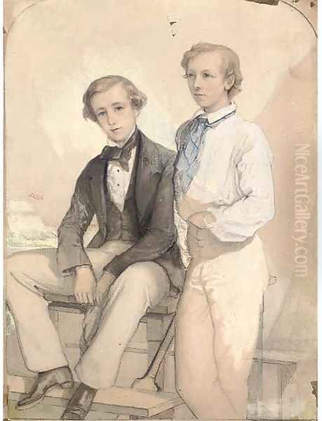 A portrait of Arthur and Kenneth Deighton with their cricket bat - view 1
