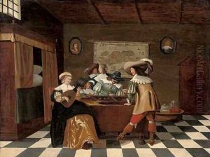 Backgammon players at a table with a lady playing a lute in an interior