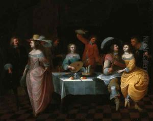 Elegant company at a banquet by Christoffel Jacobsz van der Lamen