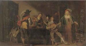 Elegant company drinking, smoking and making music in an interior by Christoffel Jacobsz van der Lamen