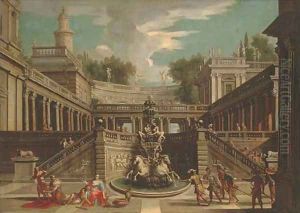 A capriccio of a classical palace with Samson and Delilah