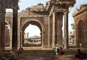 A capriccio of classical ruins with the Arch of Titus, the Temple of Vespasian by Jean Lemaire
