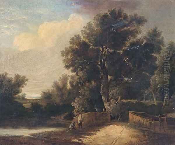 Figures by a bridge in a wooded landscape - view 1