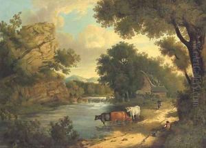View near Knaresborough, with cattle and figures by a river by Henry Ladbrooke