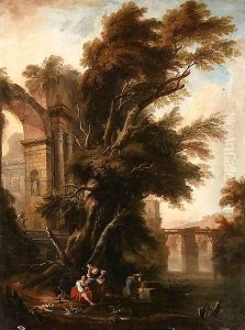 A Classical Landscape with Washerwomen beside Ruins on a Riverbank, a Bridge beyond