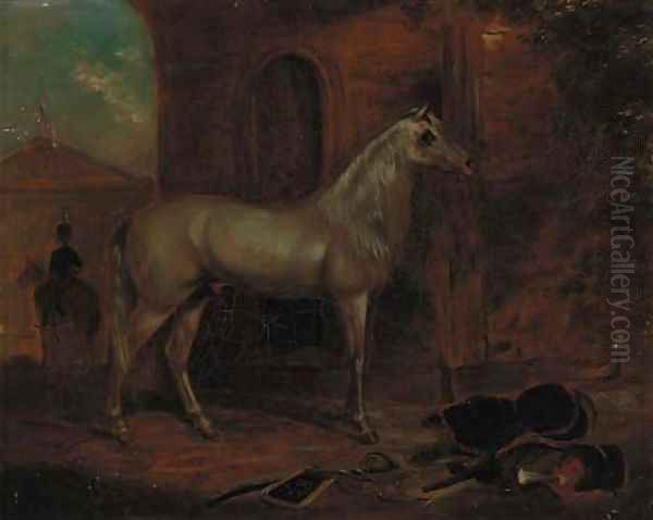 A grey stallion in a stable, a portico beyond - view 1