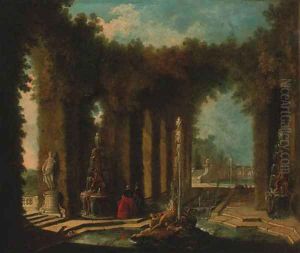 Elegant figures in an ornemental water garden